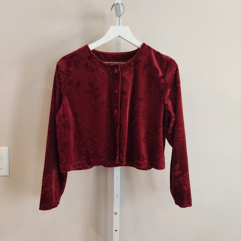 Vtg Embossed Velvet Cardigan M/L Deep Red Long Sleeve Button Up‎ Romantic Goth